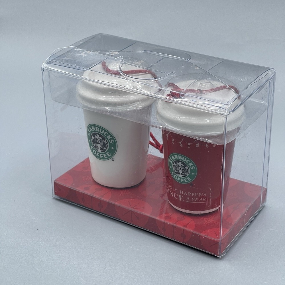 Starbucks Ornament Ceramic Cup Set of 2 Christmas Festive 2005 Vintage